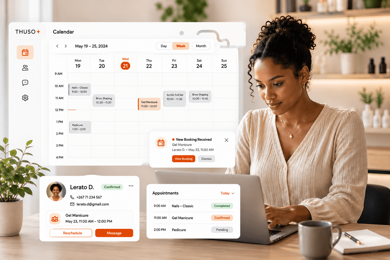 Thuso business dashboard showing a weekly calendar of bookings